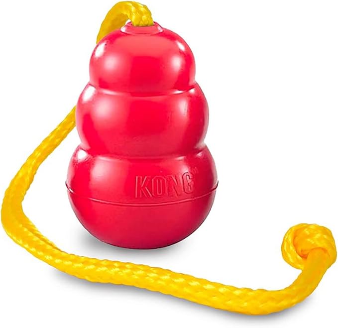 A red kong with a yellow rope attached