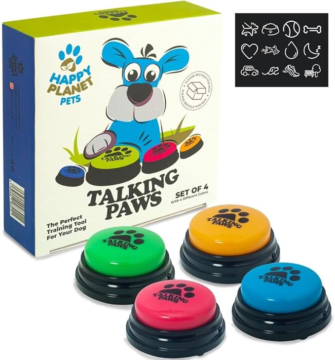A box of 4 talking paws training buttons